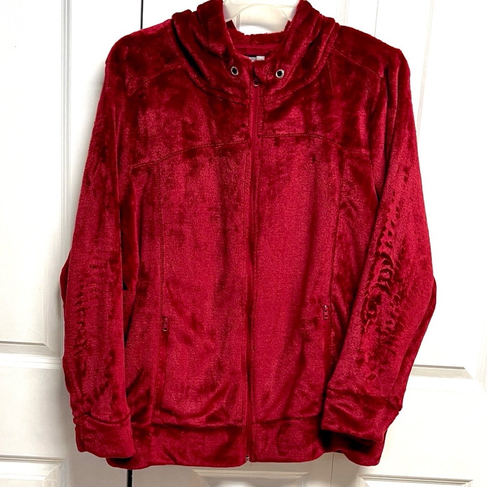 Daisy Fuentes Plush Zip-Up Hooded Jacket in Wine Red Plus Size 3X